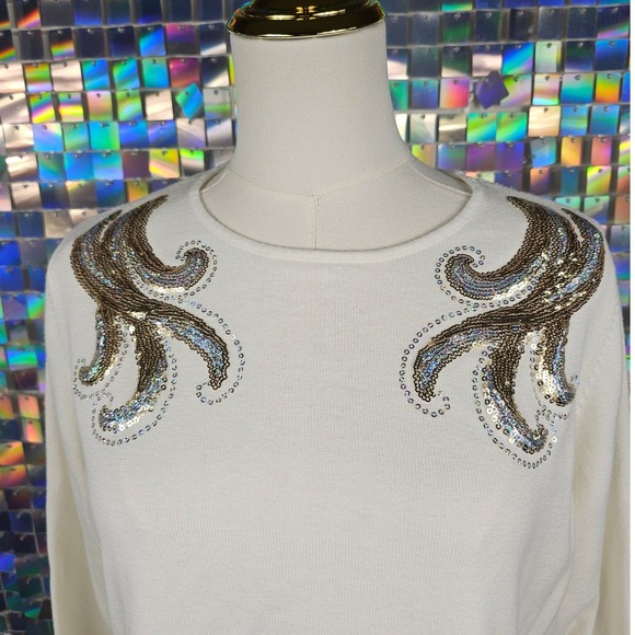 Bob Mackie Wearable Art Ivory Sequin Embellished Long Sleeve Sweater Large - Picture 3 of 10